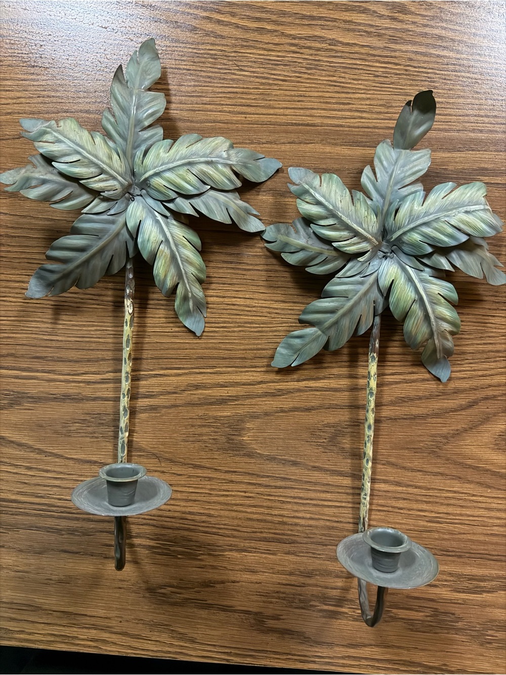 Pair of 16-1/2” Metal Palm Leaf Wall Sconces - Green Patina